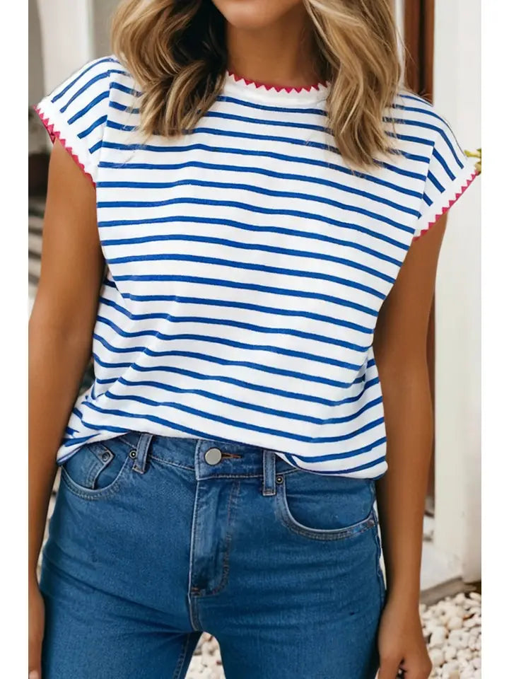 Stripe Contrast Trim Round Neck Cap Sleeve Tee