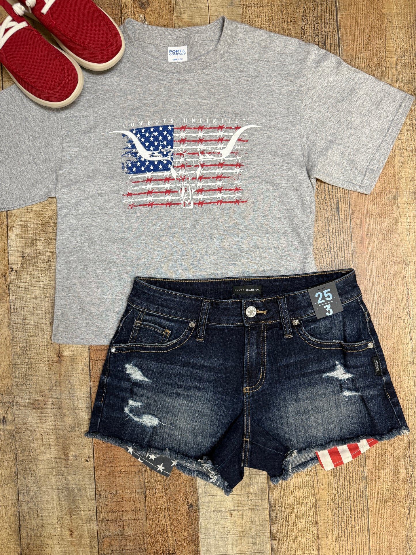Silver American Flag Boyfriend Shorts