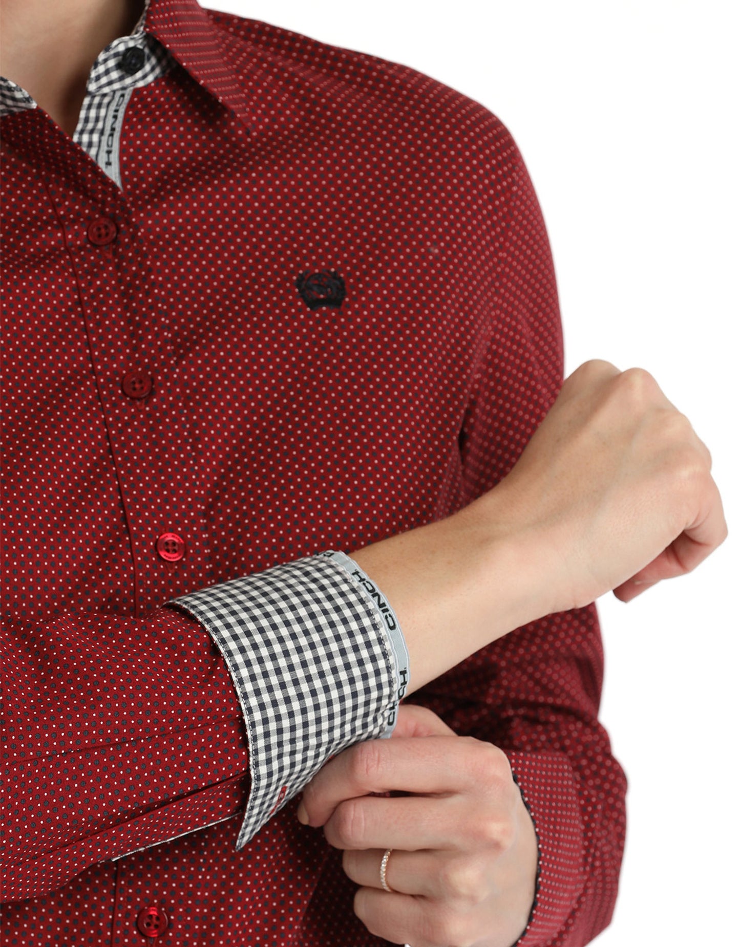 Cinch Women's Long Sleeve Dot Print Button Down Shirt - Red