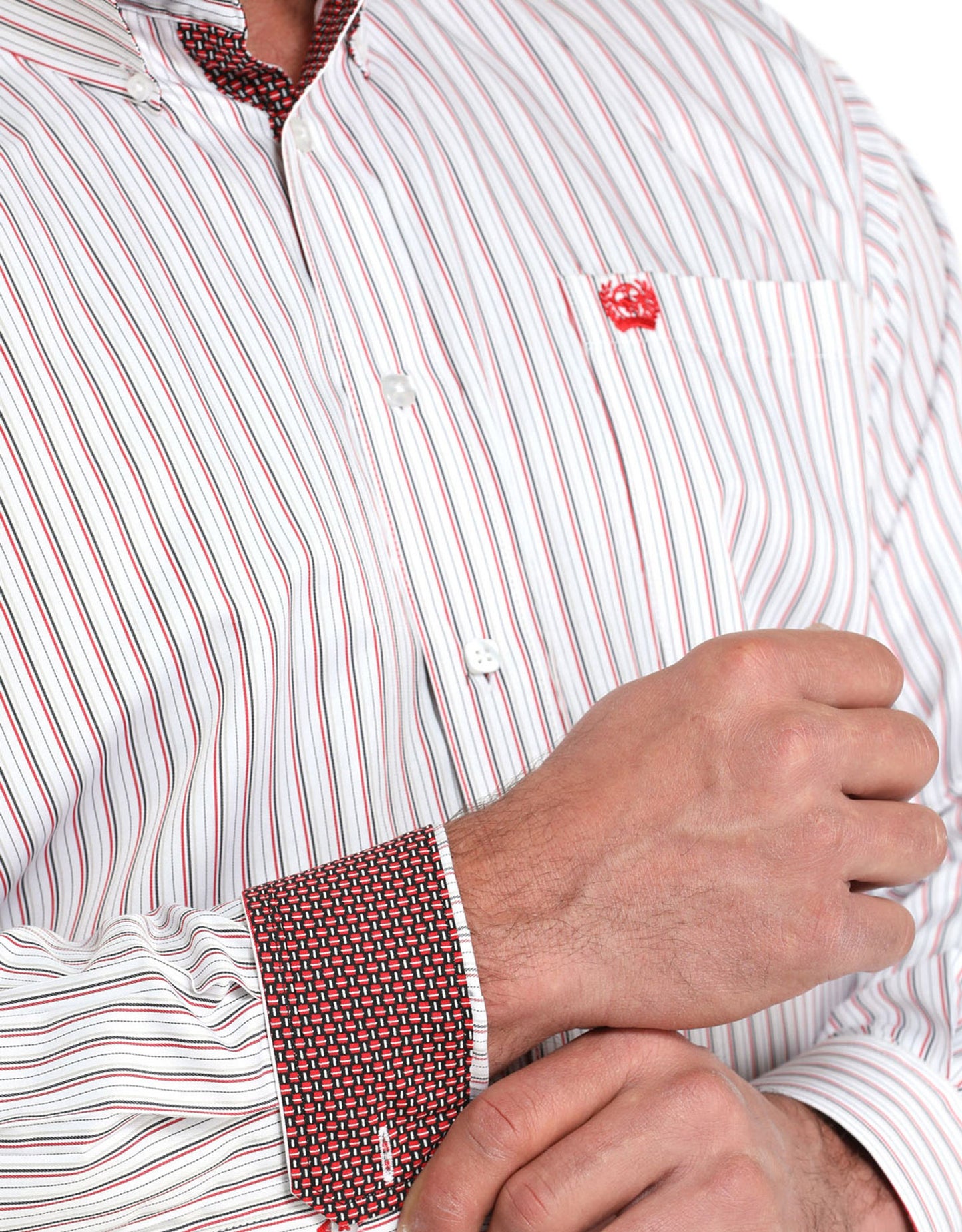 Cinch Men's Long Sleeve Stripe Button Down Shirt - White/Red