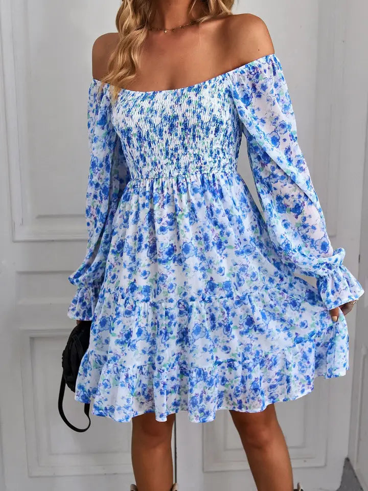 V-Neck Long Sleeve Floral Print Dress