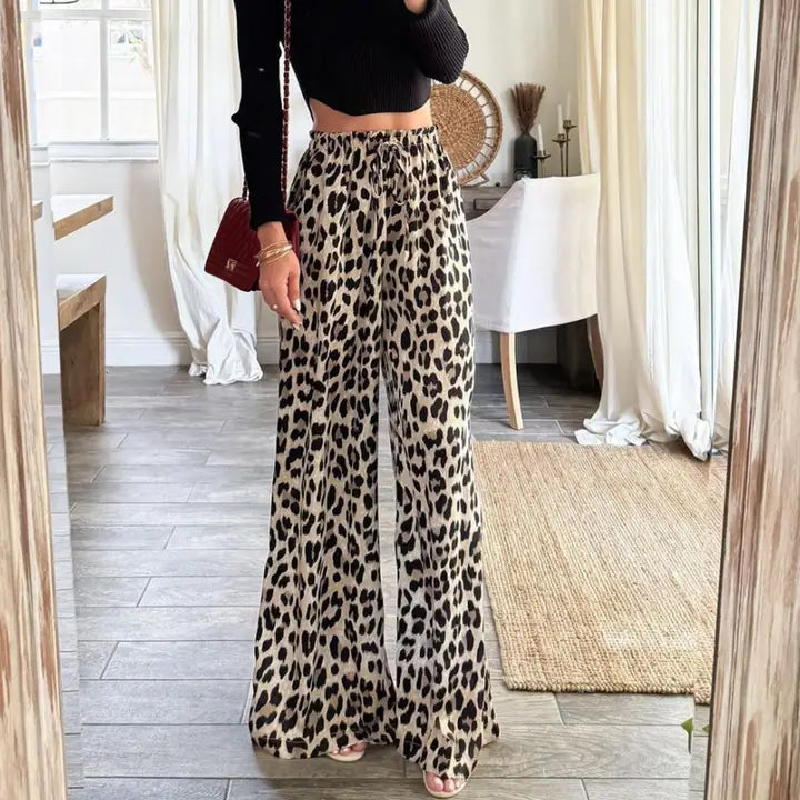 Leopard Print Wide Leg Casual Straight Leg Pants