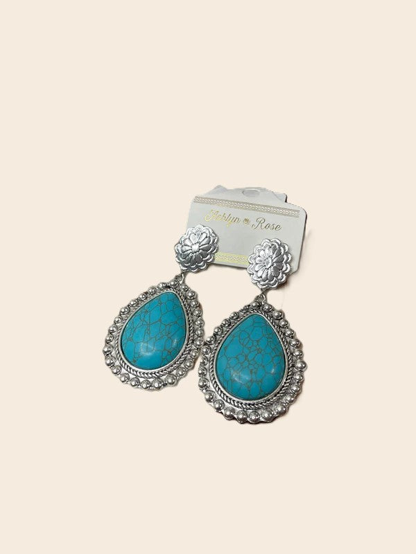 SADDLE UP COWGIRL TURQUOISE TEARDROP PENDANT CONCHO STUD EARRINGS