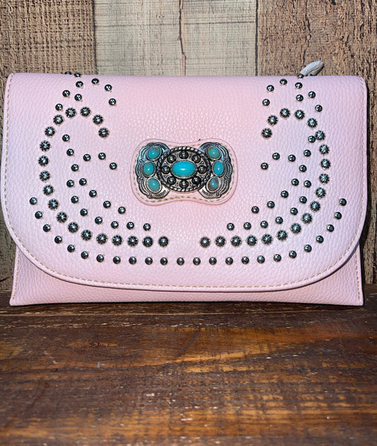 Montana West American Bling Western Studded Concho Clutch/Bag - Pink
