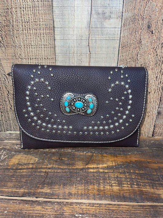 Montana West American Bling Western Studded Concho Clutch/Bag - Brown