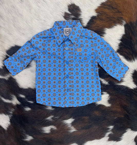 Boy's Cinch White/Blue Print Plain Weave Long Sleeve Button Down Shirt