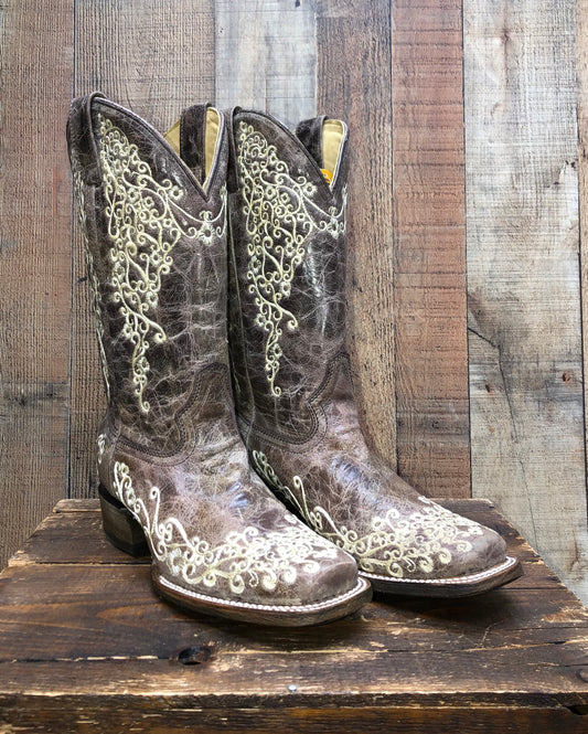 Corral Crater Bone Embroidered Western Boots - Brown