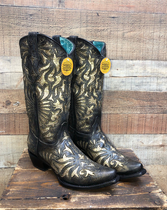 Corral Animal Print Inlay Western Boots - Rustic Black/Gold