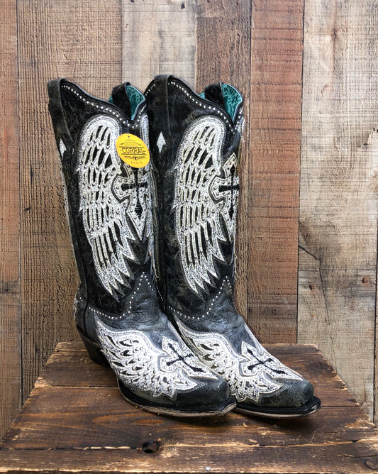 Corral Cross & Wings Overlay Western Boots - Black