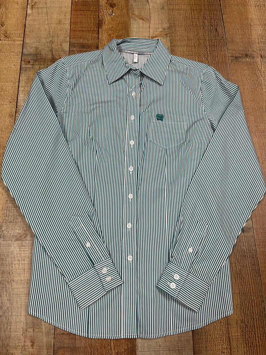 WOMEN'S TEAL AND WHITE STRIPE BUTTON-UP SHIRT