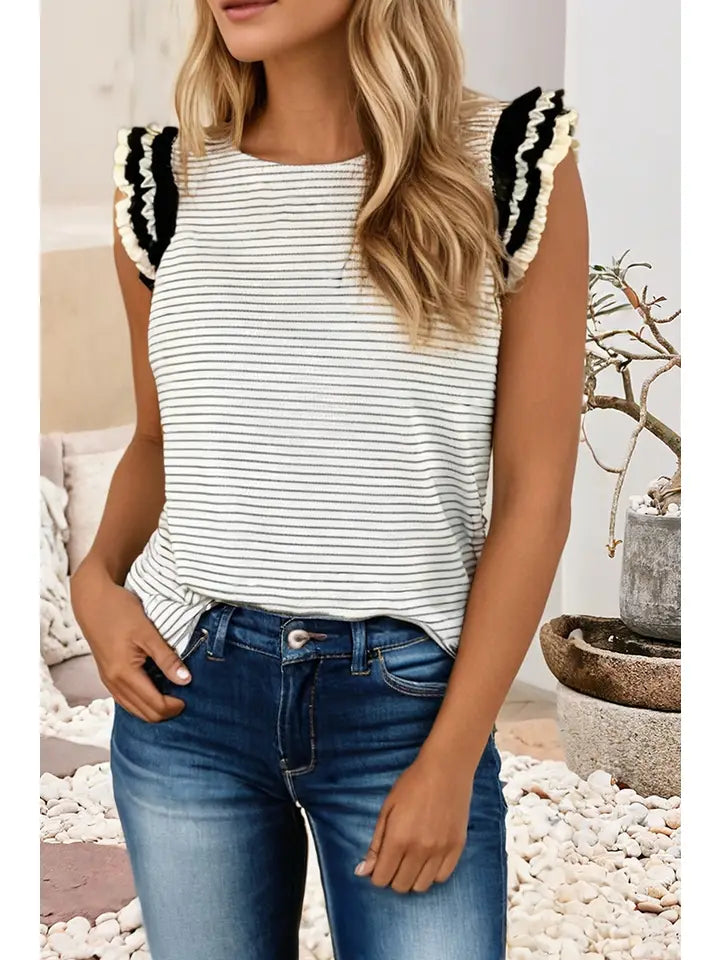 Stripe Contrasted Ruffle Trim Casual Tank Top