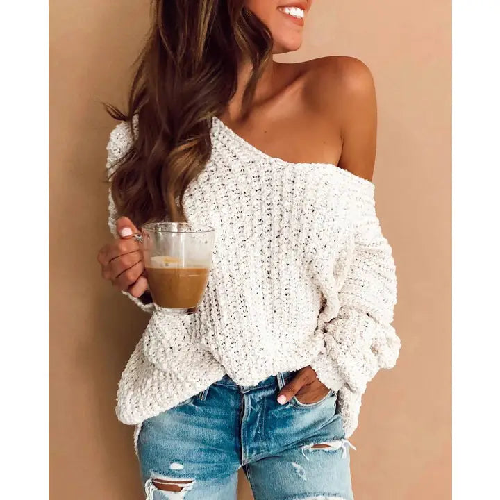 White Openwork Pullover Knit Sweater