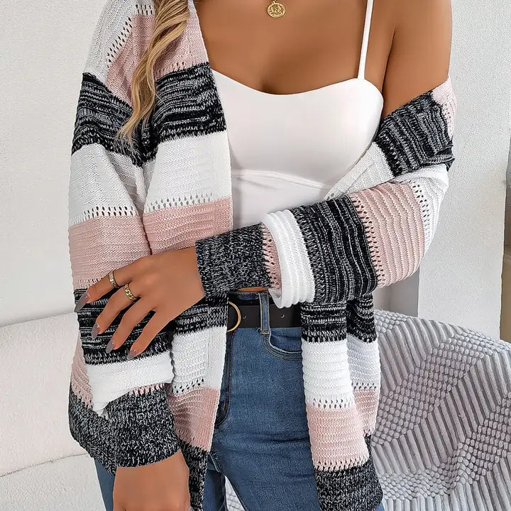 Openwork Contrast Striped Balloon Sleeve Cardigan