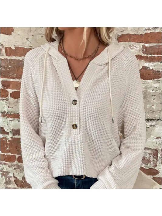 Solid Color Hooded Button Long-Sleeved