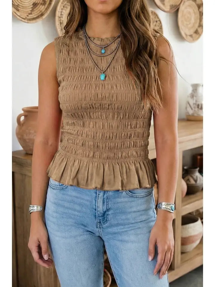 Western Solid Round Neck Shirred Sleeveless Tank Tops