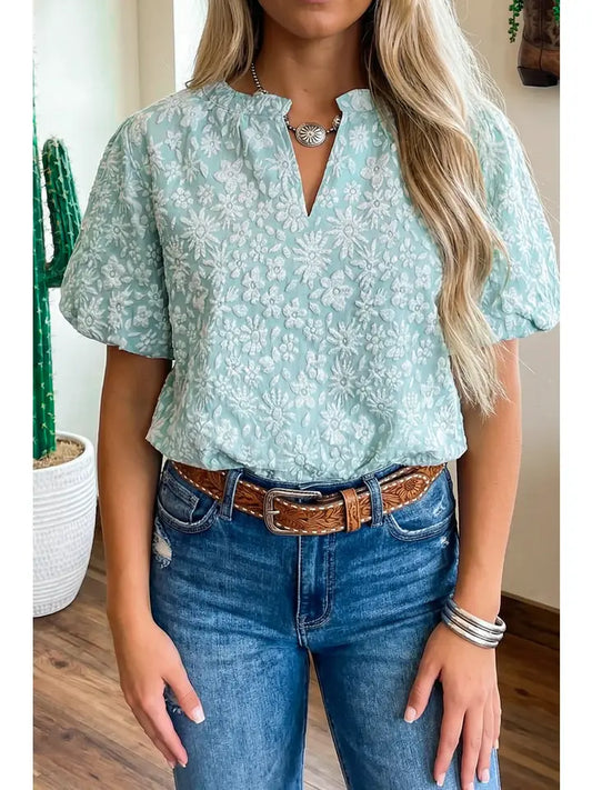 Western Floral Shift V Neck Short Sleeve Top