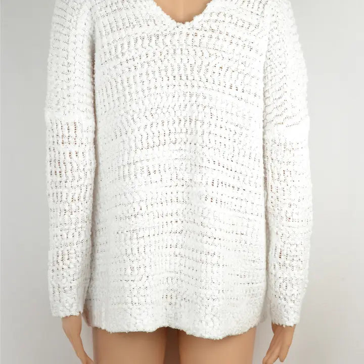 White Openwork Pullover Knit Sweater