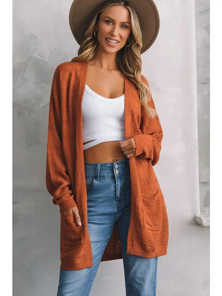 Open Front Textured Knit Cardigan with Pockets