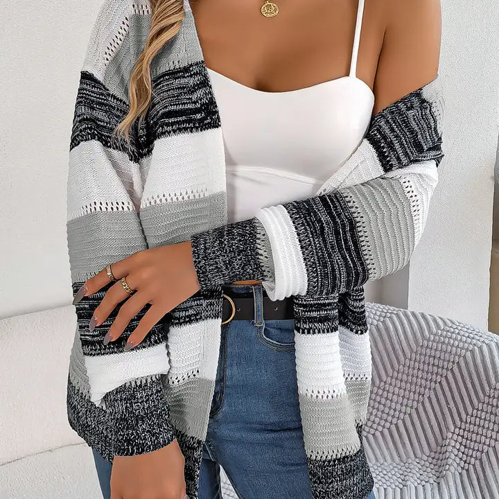 Openwork Contrast Striped Balloon Sleeve Cardigan