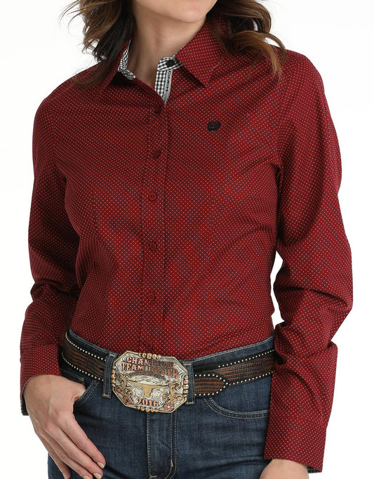 Cinch Women's Long Sleeve Dot Print Button Down Shirt - Red
