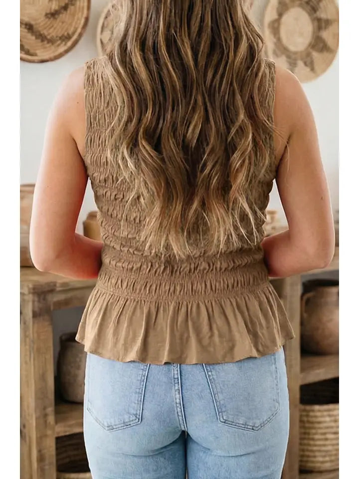 Western Solid Round Neck Shirred Sleeveless Tank Tops