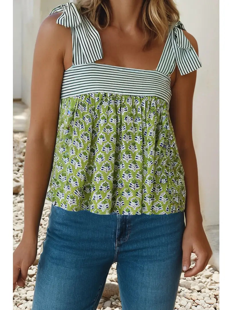 Fashion Printed Knot Straps Babydoll Tank Top