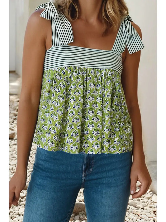 Fashion Printed Knot Straps Babydoll Tank Top