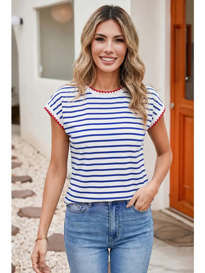 Stripe Contrast Trim Round Neck Cap Sleeve Tee