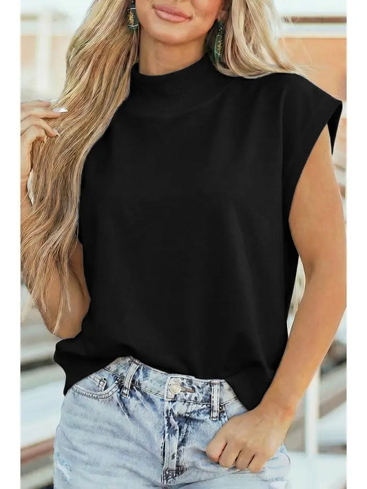 Solid Color Mock Neck Cap Sleeve Loose Top
