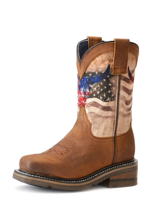 Tan Leather American Bull Geo Cowboy Boots