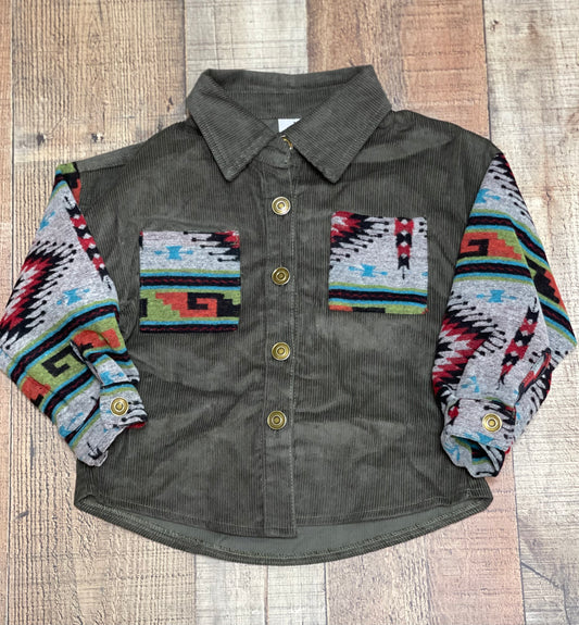OLIVE GREEN CURDOROY JACKET WITH AZTEC SLEEVE DETAIL