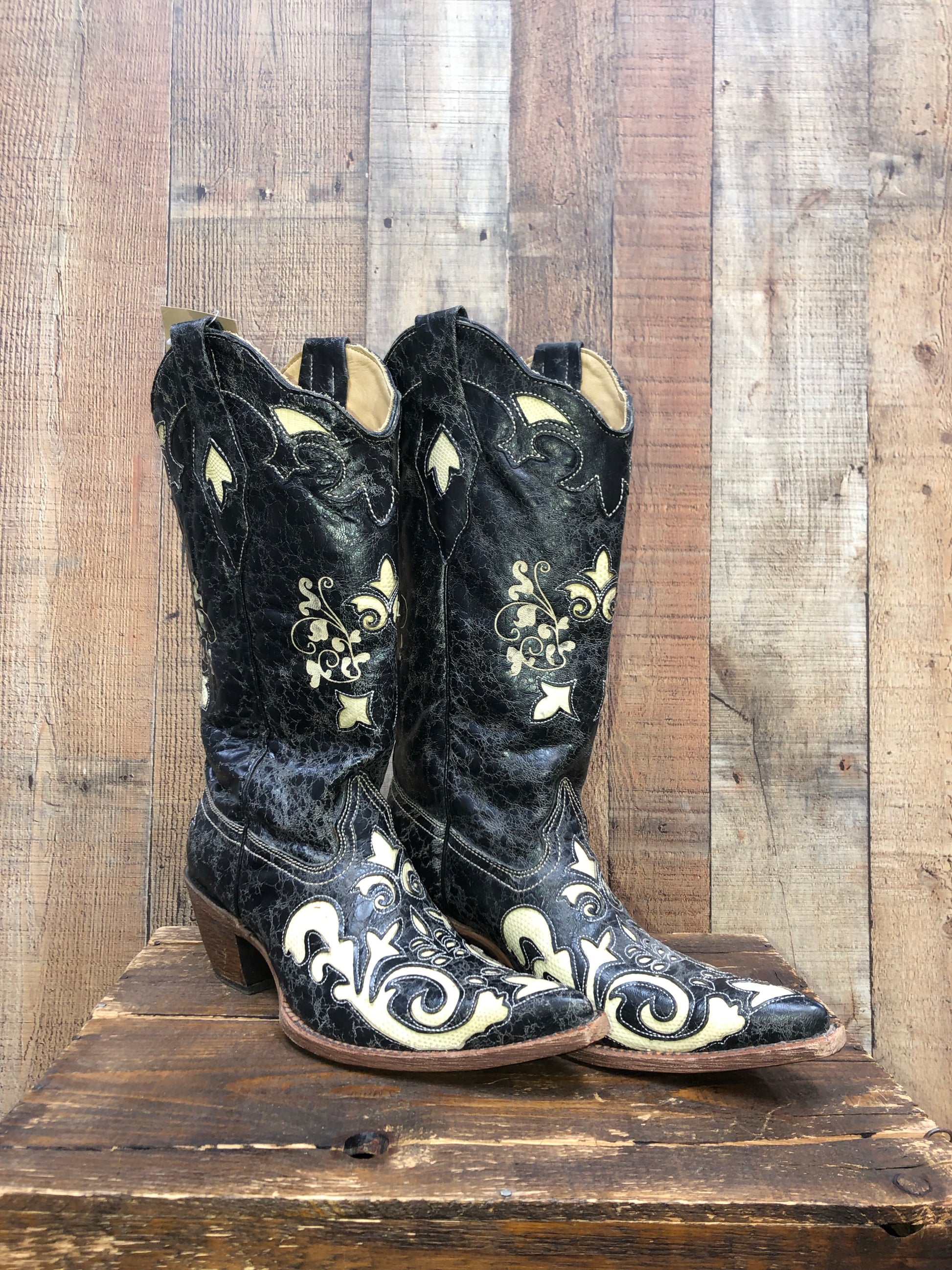 Corral Bone Vintage Lizard Overlay Western Boots Black